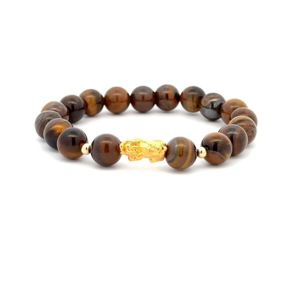 Unbranded Jewelry - 18K Gold Dragon Pixiu Piyao Lucky Charm Bead Bracelet Gemstones Tiger's Eye 8mm